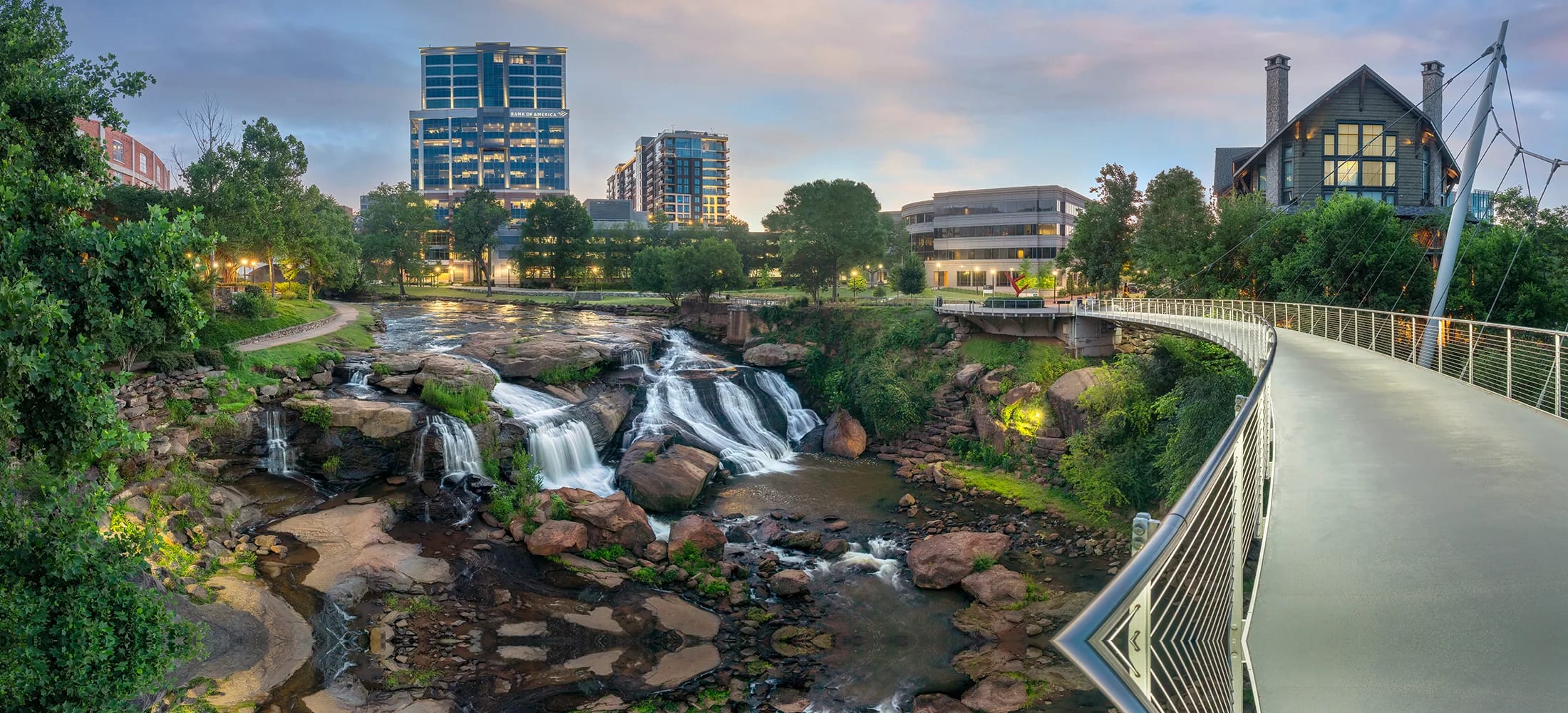 Aerial view of Liberty Bridge and the Reedy River in downtown Greenville