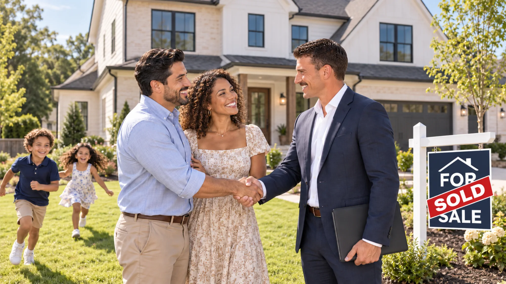 An agent shaking hands with a family in front of their new home's sold sign, kids running up the front lawn