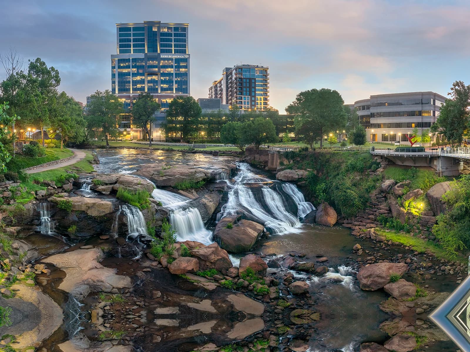 Falls Park on the Reedy with the Liberty Bridge, the site of the old highway bridge