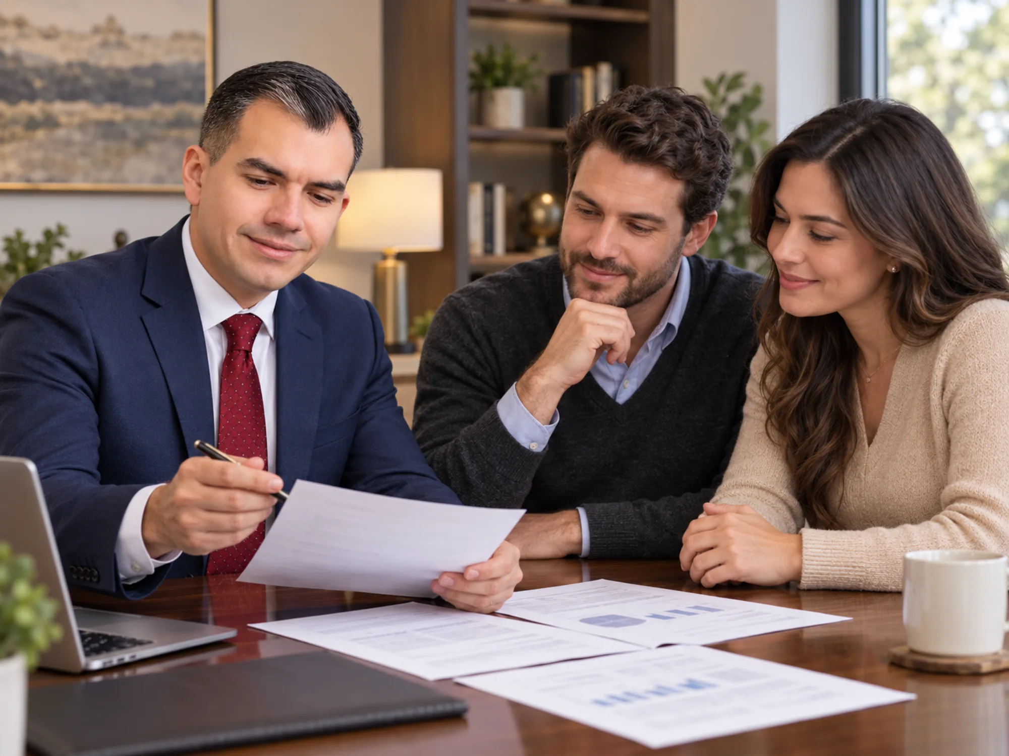 Carlos Bedoya reviewing an offer with buyers at his desk