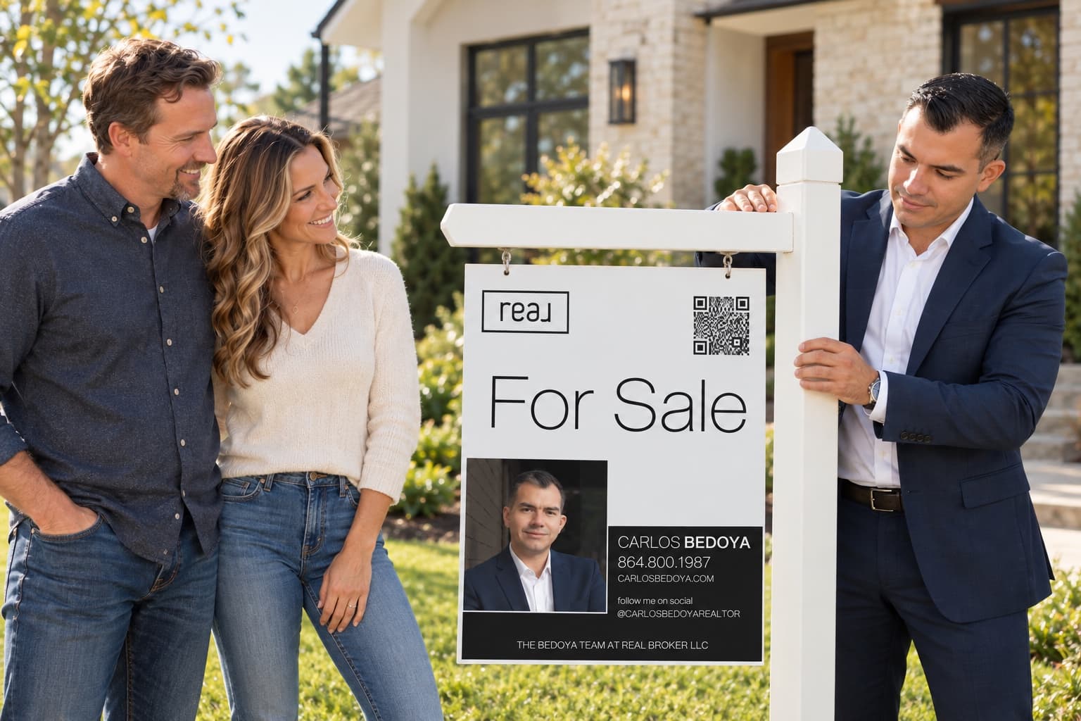 Carlos Bedoya installing a For Sale sign in the front yard while the sellers look on