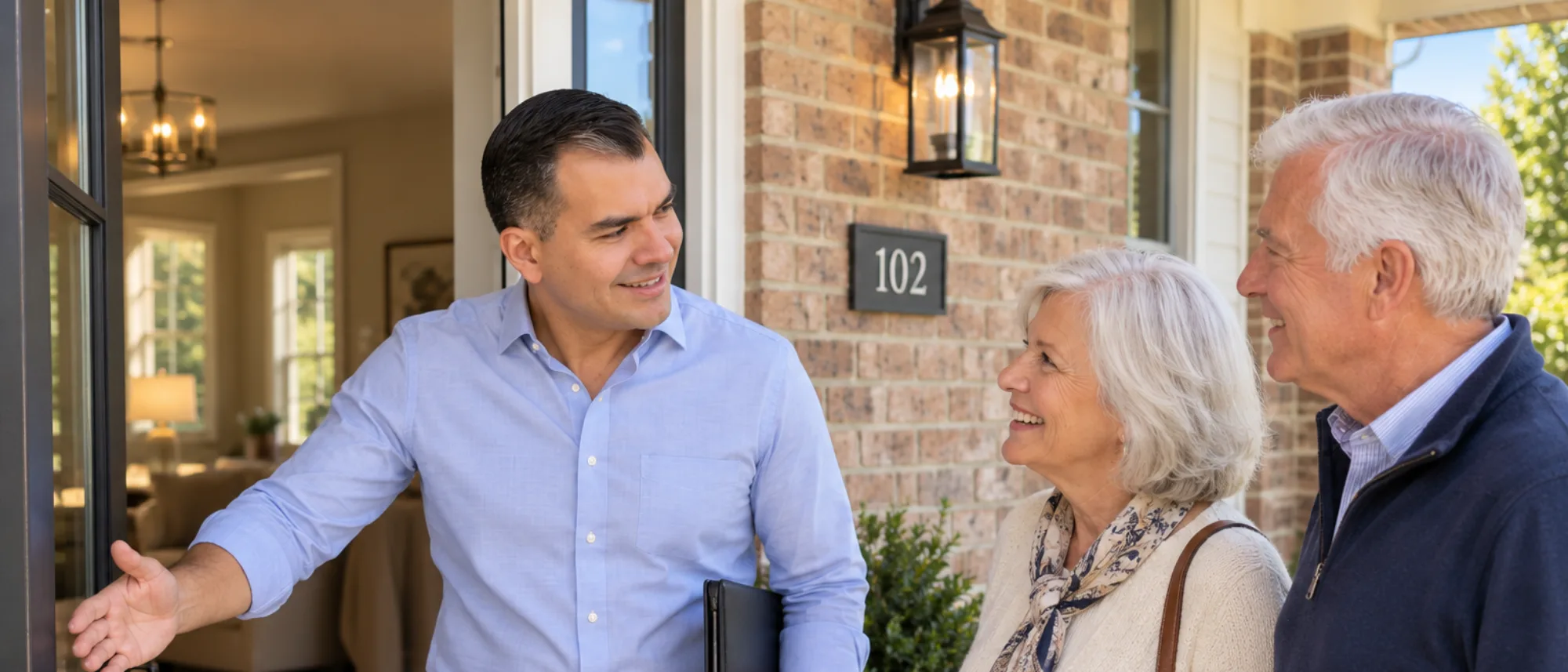Carlos Bedoya greeting an older couple at their front door