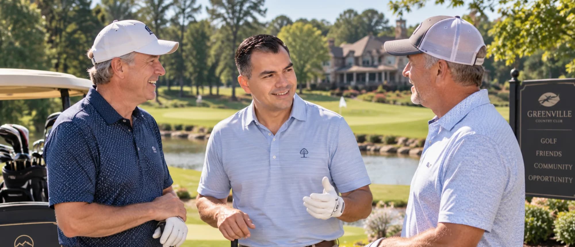 Carlos Bedoya laughing with two friends on the course at Greenville Country Club