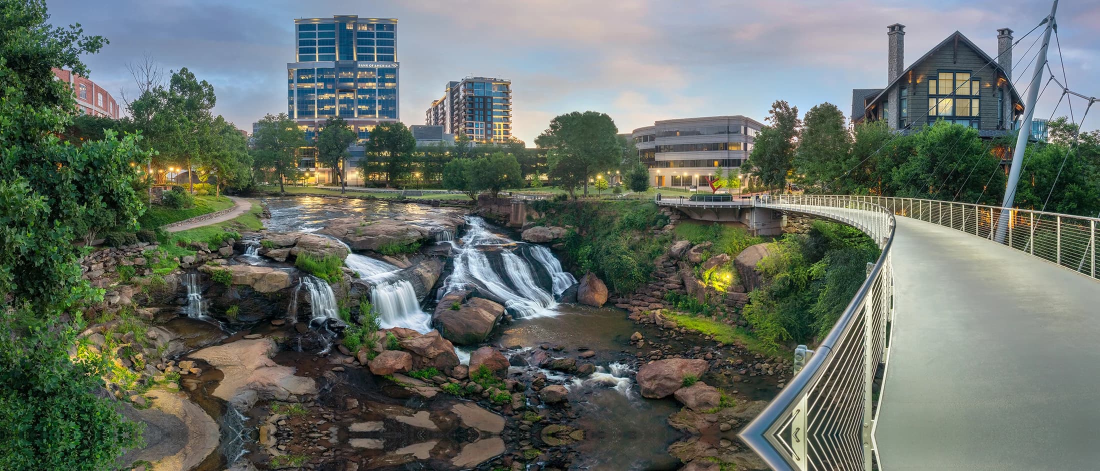 Falls Park on the Reedy and the Liberty Bridge at golden hour